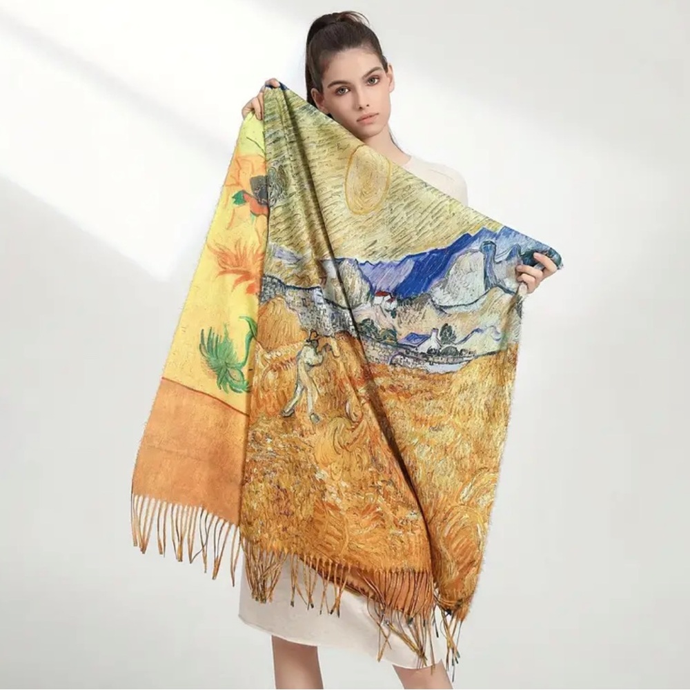 Van Gogh Autumn Sunflowers Painting Double Sided Fringed Scarf, Faux Cashmere